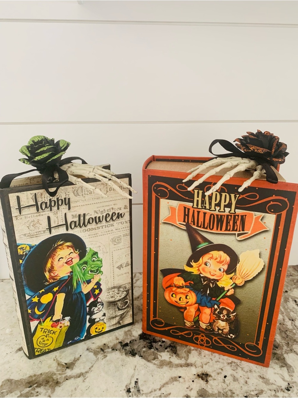 Vintage Inspired Halloween faux Books Light Up with Skeleton Hand Clips